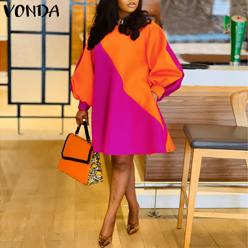 VONDA Orange Women Fashion Patchwork Puff Sleeve Baggy Midi Dresses (Plus Size)